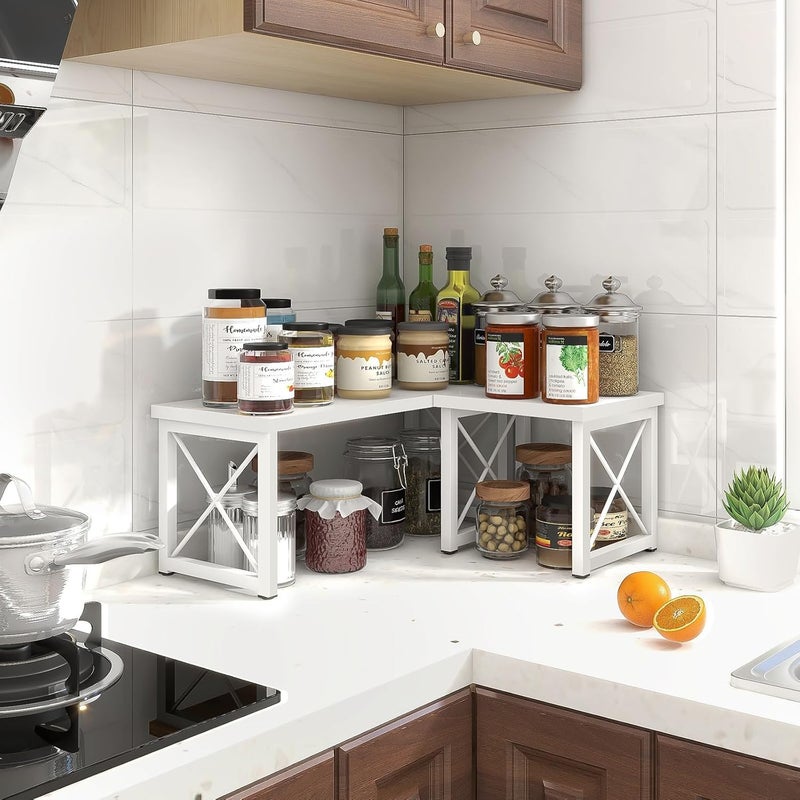 ELITEROO رف مكتب خشبي، رف كتب صغير قائم بذاته لوازم السكن الجامعي، 2 طبقة مستقلة قابلة للتكديس، منظم تخزين قابل للتعديل، رف عرض لمطبخ، أبيض - Image 2